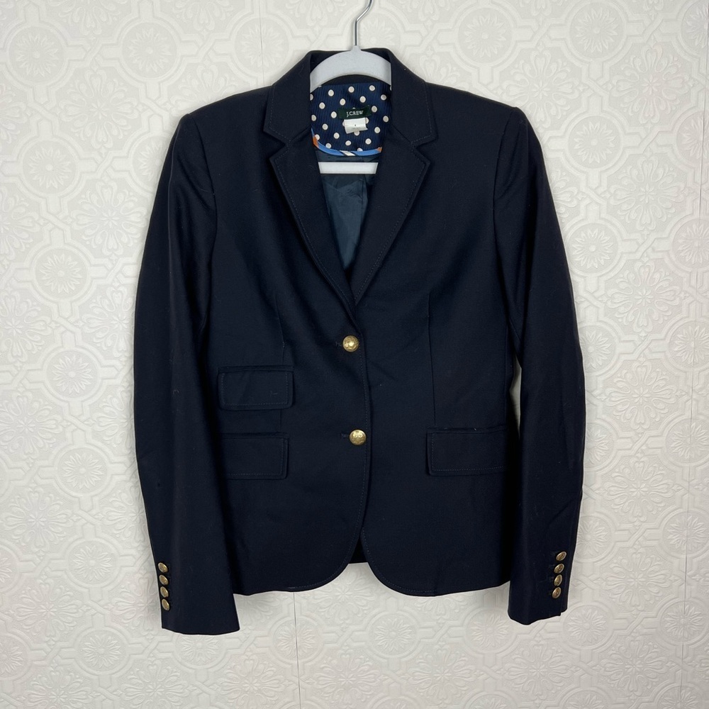 J Crew 100% Wool Navy Blue Blazer Jacket Preppy Dark Academia Career Work